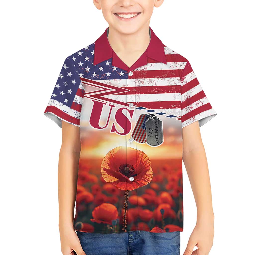 USA Veterans Day Kid Hawaiian Shirt Poppy Flowers With Flag Grunge