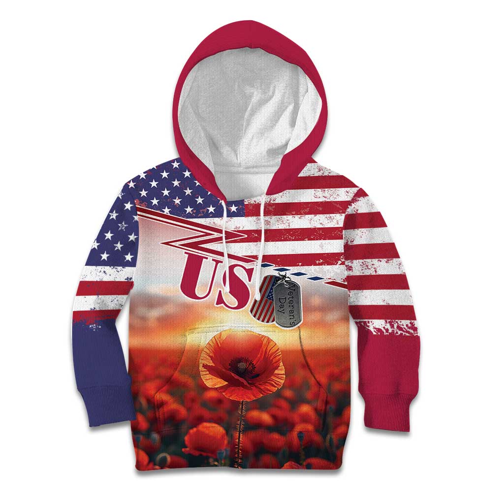 USA Veterans Day Kid Hoodie Poppy Flowers With Flag Grunge