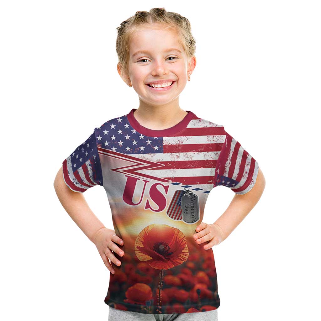 USA Veterans Day Kid T Shirt Poppy Flowers With Flag Grunge