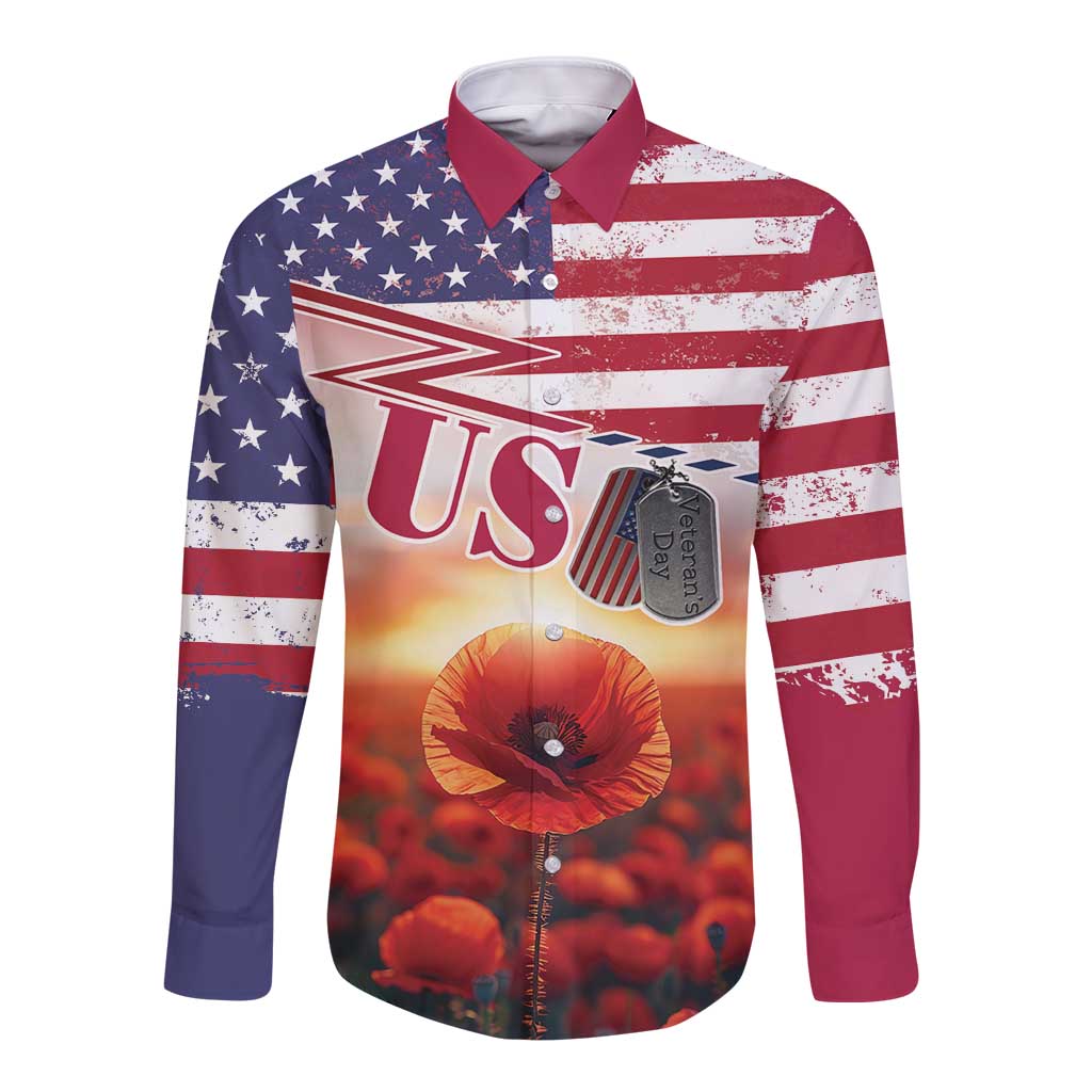 USA Veterans Day Long Sleeve Button Shirt Poppy Flowers With Flag Grunge