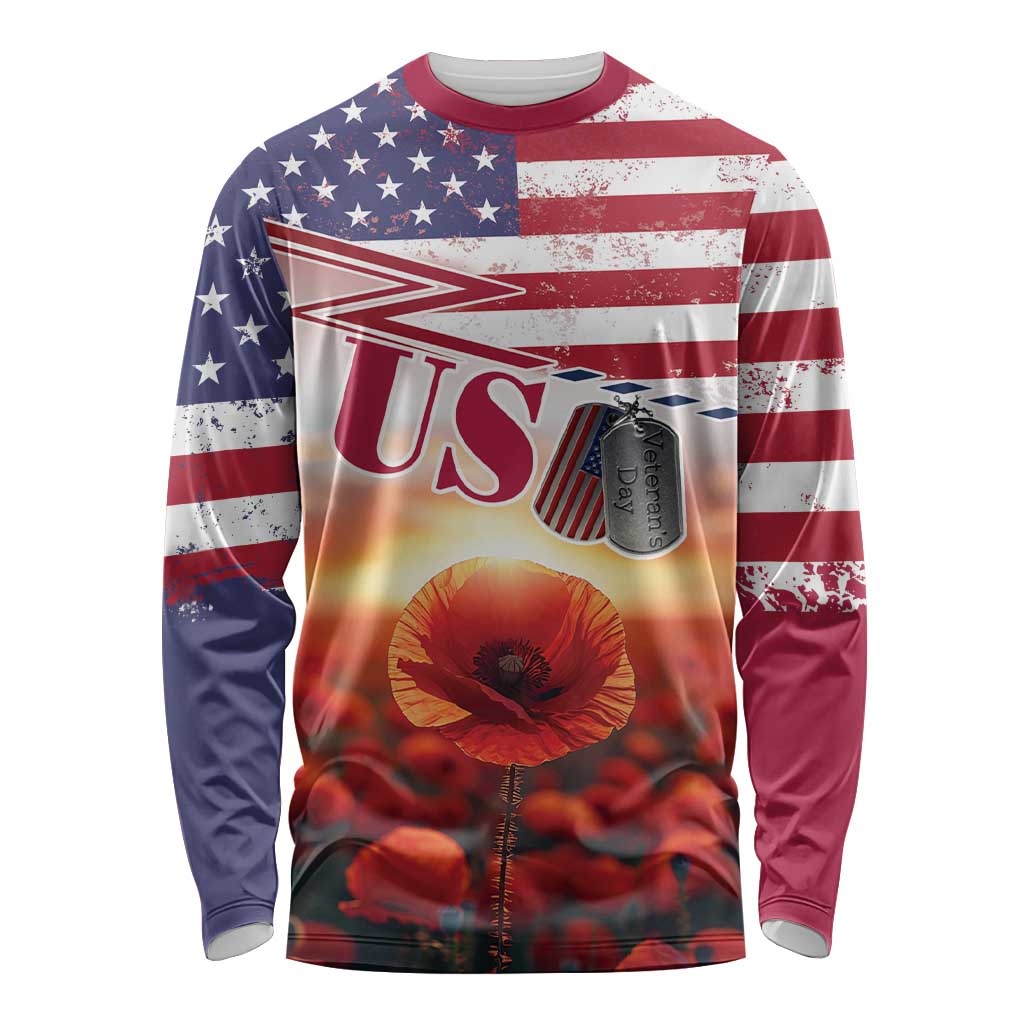 USA Veterans Day Long Sleeve Shirt Poppy Flowers With Flag Grunge