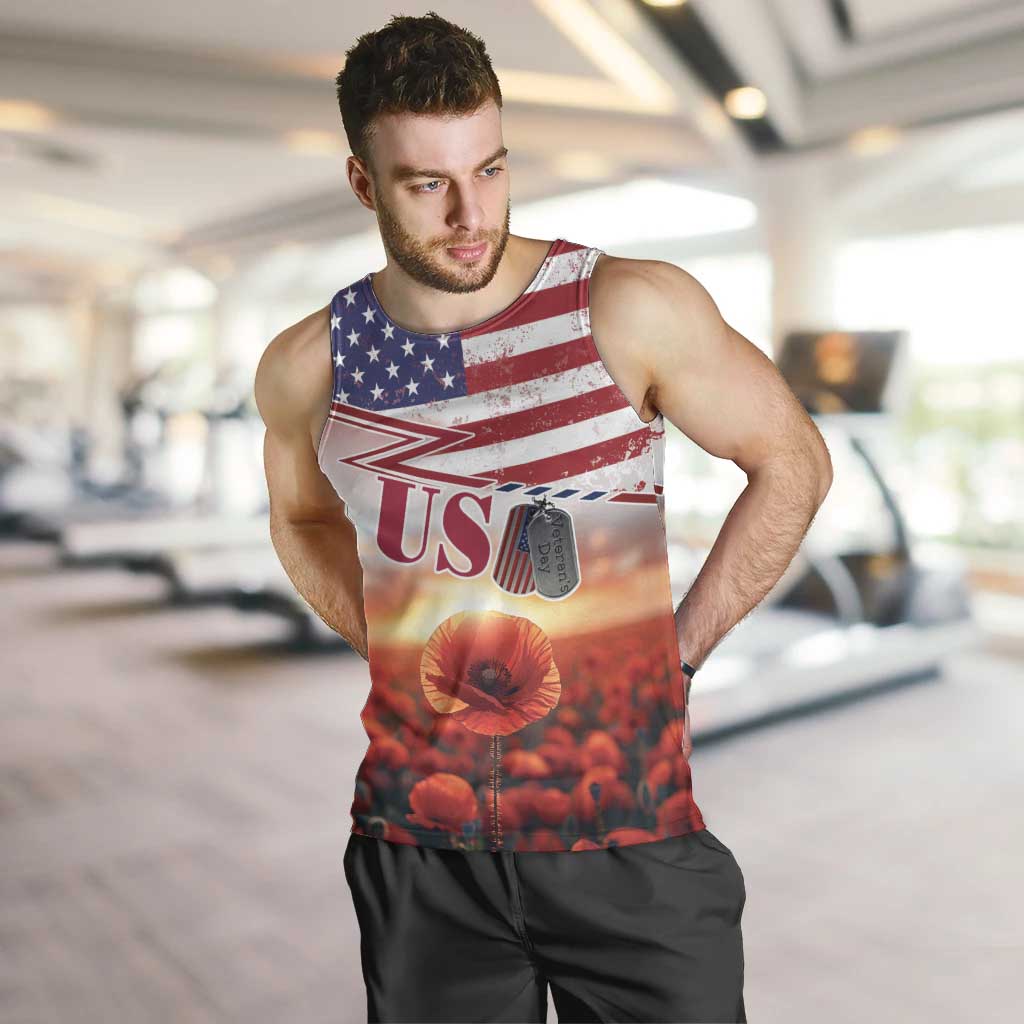 USA Veterans Day Men Tank Top Poppy Flowers With Flag Grunge