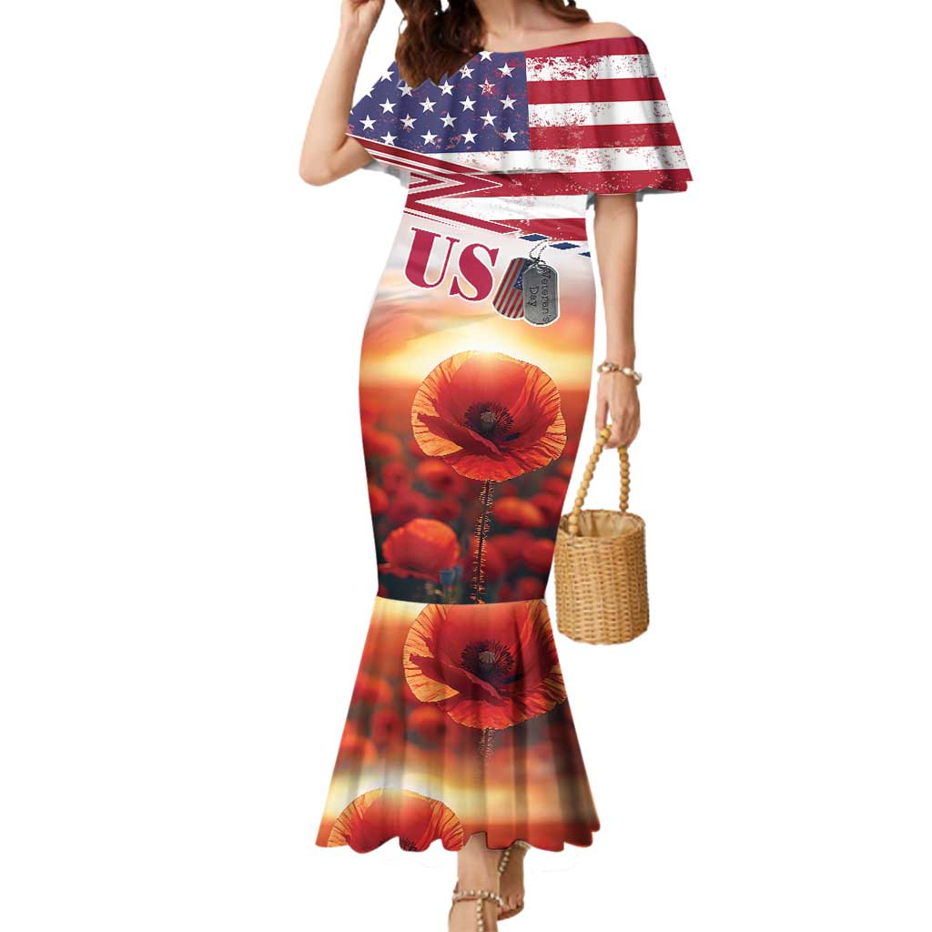 USA Veterans Day Mermaid Dress Poppy Flowers With Flag Grunge