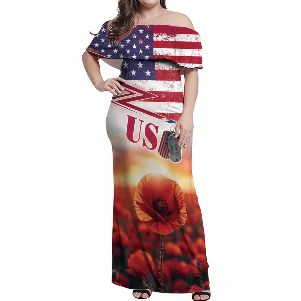 USA Veterans Day Off Shoulder Maxi Dress Poppy Flowers With Flag Grunge