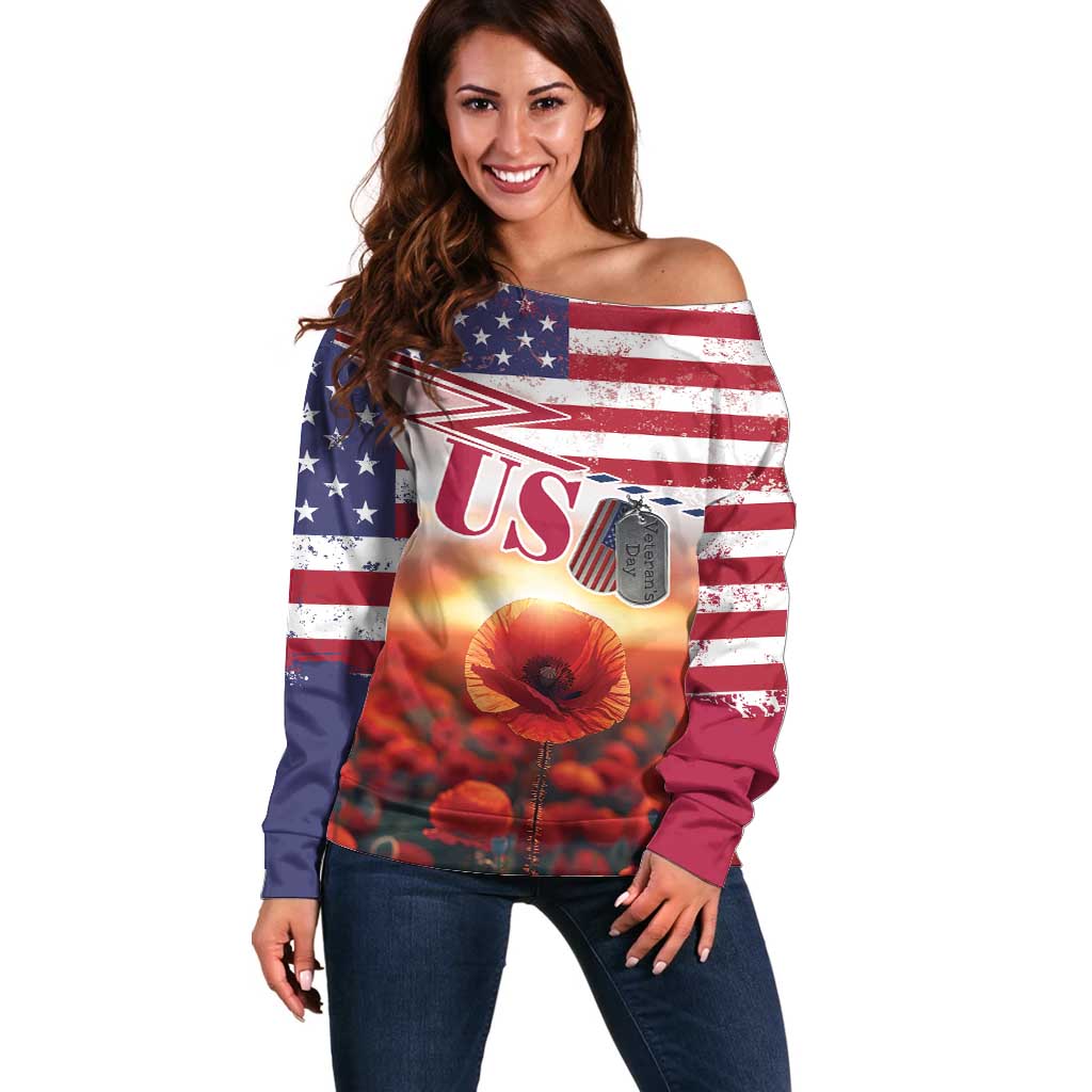 USA Veterans Day Off Shoulder Sweater Poppy Flowers With Flag Grunge