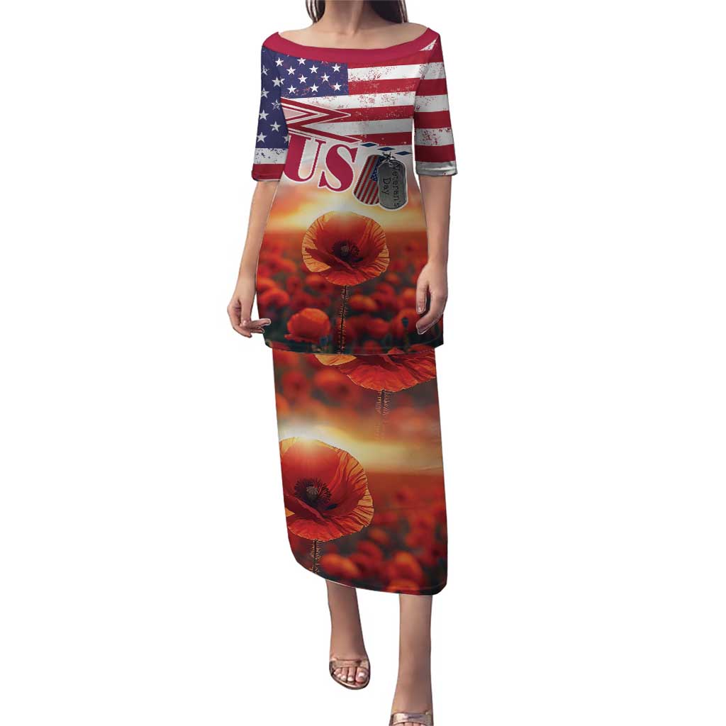 USA Veterans Day Puletasi Poppy Flowers With Flag Grunge