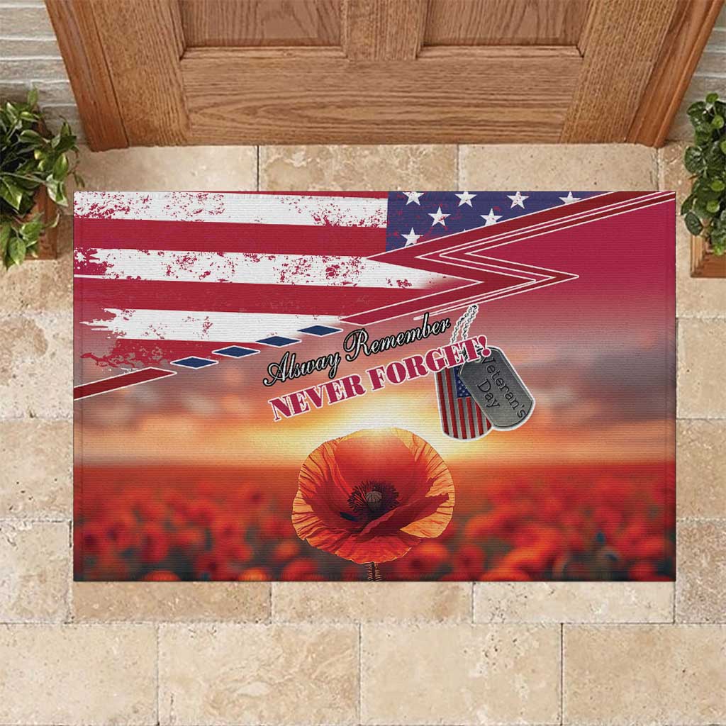 USA Veterans Day Rubber Doormat Poppy Flowers With Flag Grunge