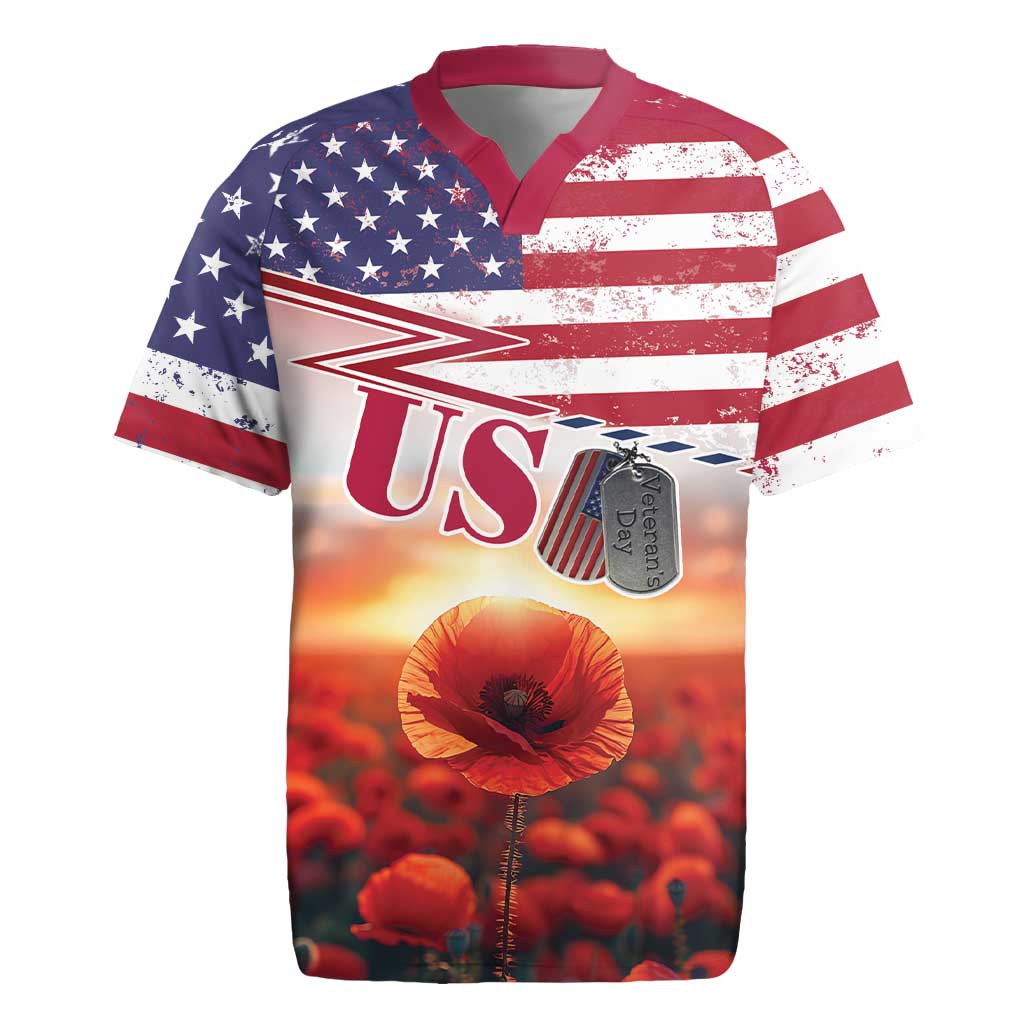 USA Veterans Day Rugby Jersey Poppy Flowers With Flag Grunge