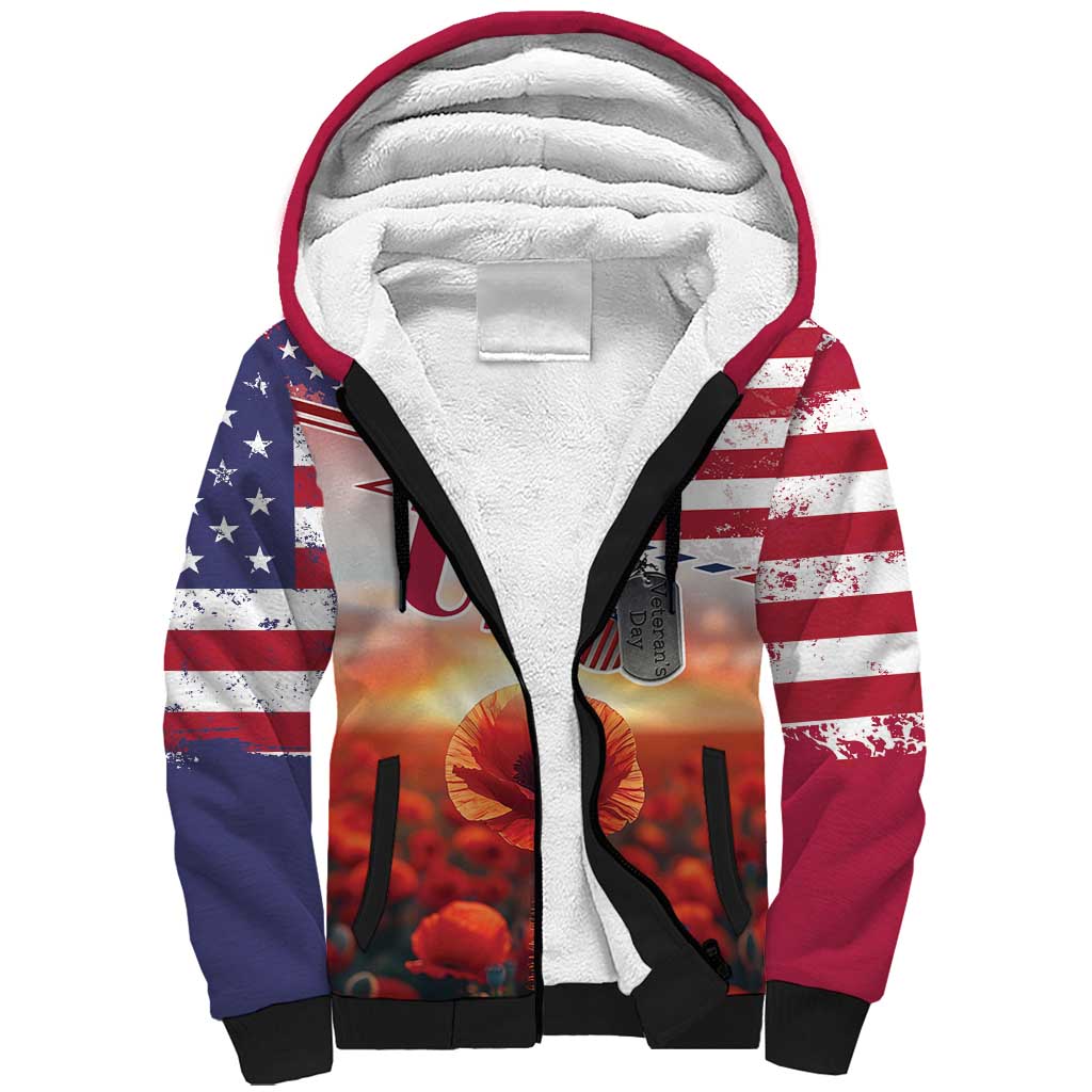 USA Veterans Day Sherpa Hoodie Poppy Flowers With Flag Grunge