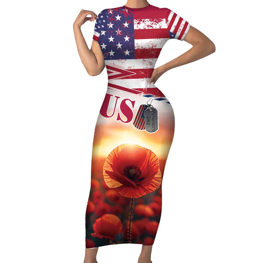 USA Veterans Day Short Sleeve Bodycon Dress Poppy Flowers With Flag Grunge