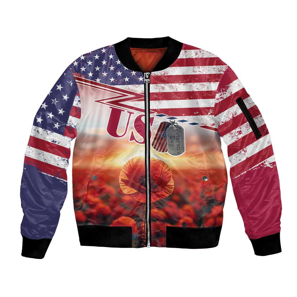 USA Veterans Day Sleeve Zip Bomber Jacket Poppy Flowers With Flag Grunge