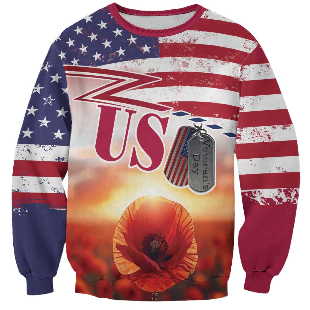 Unisex veterans sweatshirt with red-white-blue flag and poppy flower graphic, dog tag charm