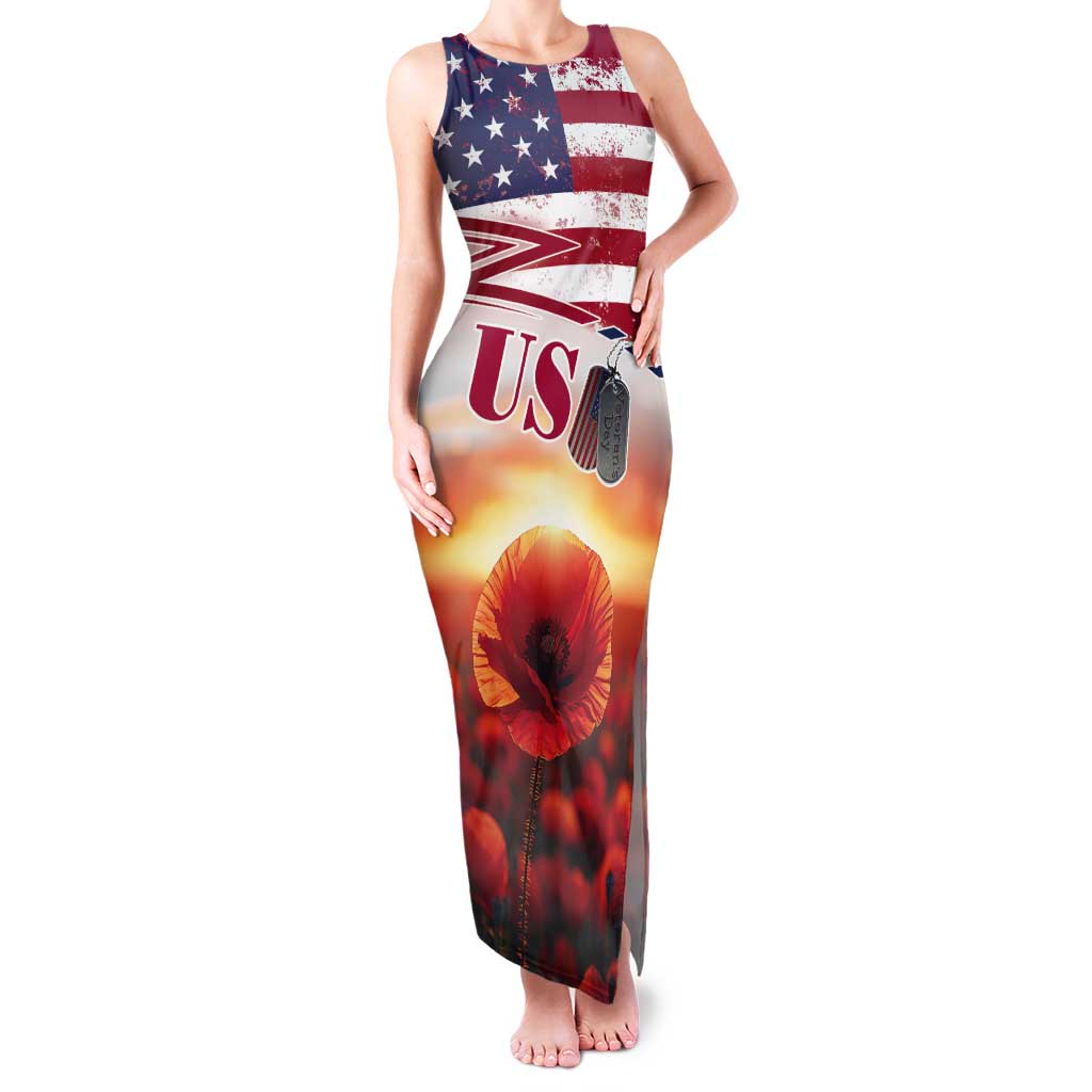 USA Veterans Day Tank Maxi Dress Poppy Flowers With Flag Grunge