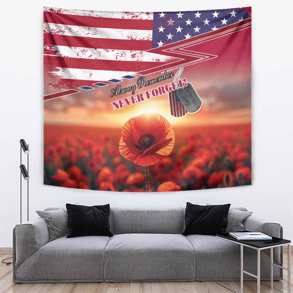 USA Veterans Day Tapestry Poppy Flowers With Flag Grunge