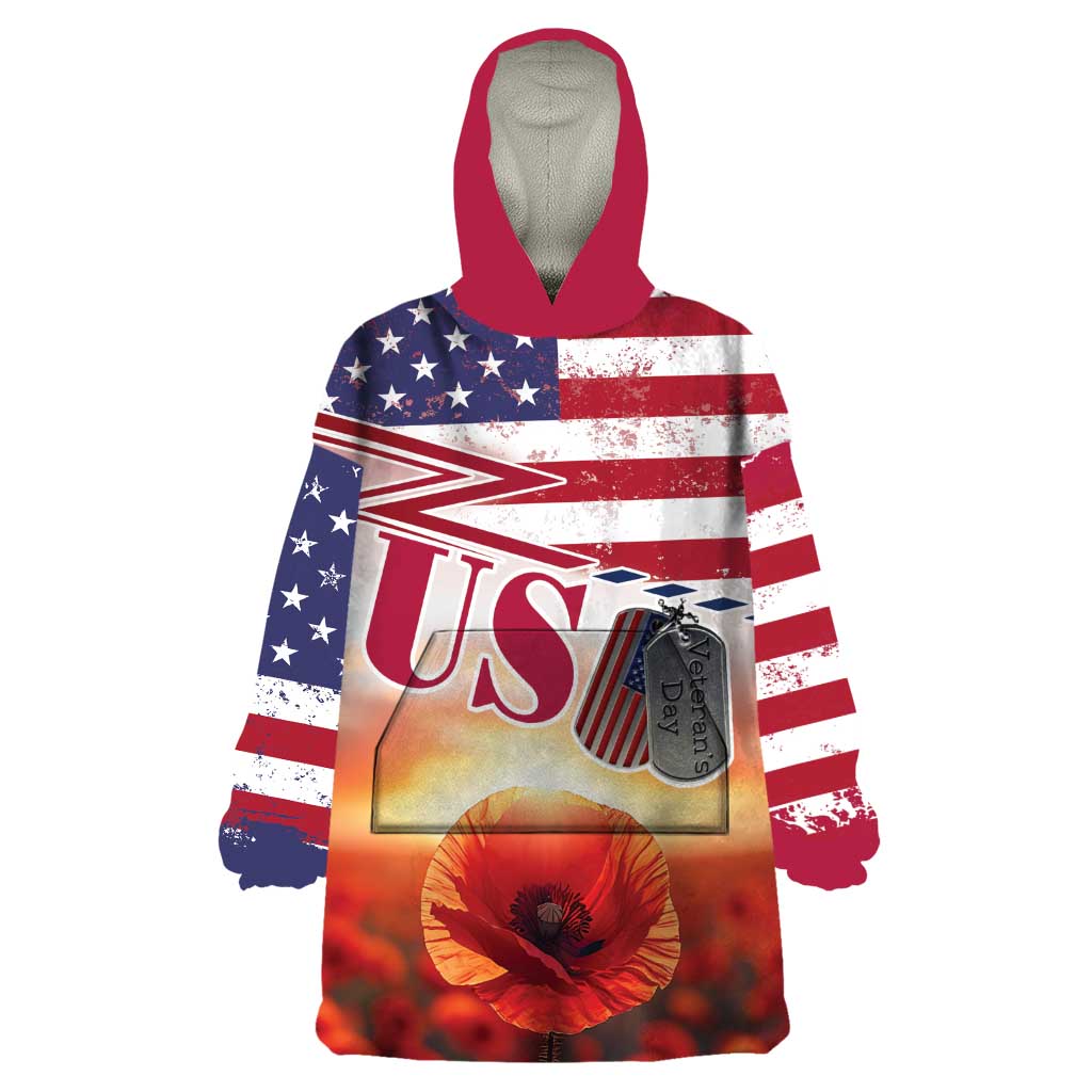 USA Veterans Day Wearable Blanket Hoodie Poppy Flowers With Flag Grunge