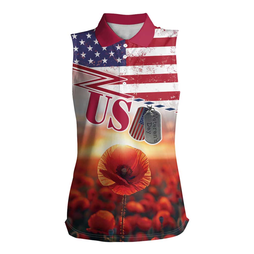 USA Veterans Day Women Sleeveless Polo Shirt Poppy Flowers With Flag Grunge