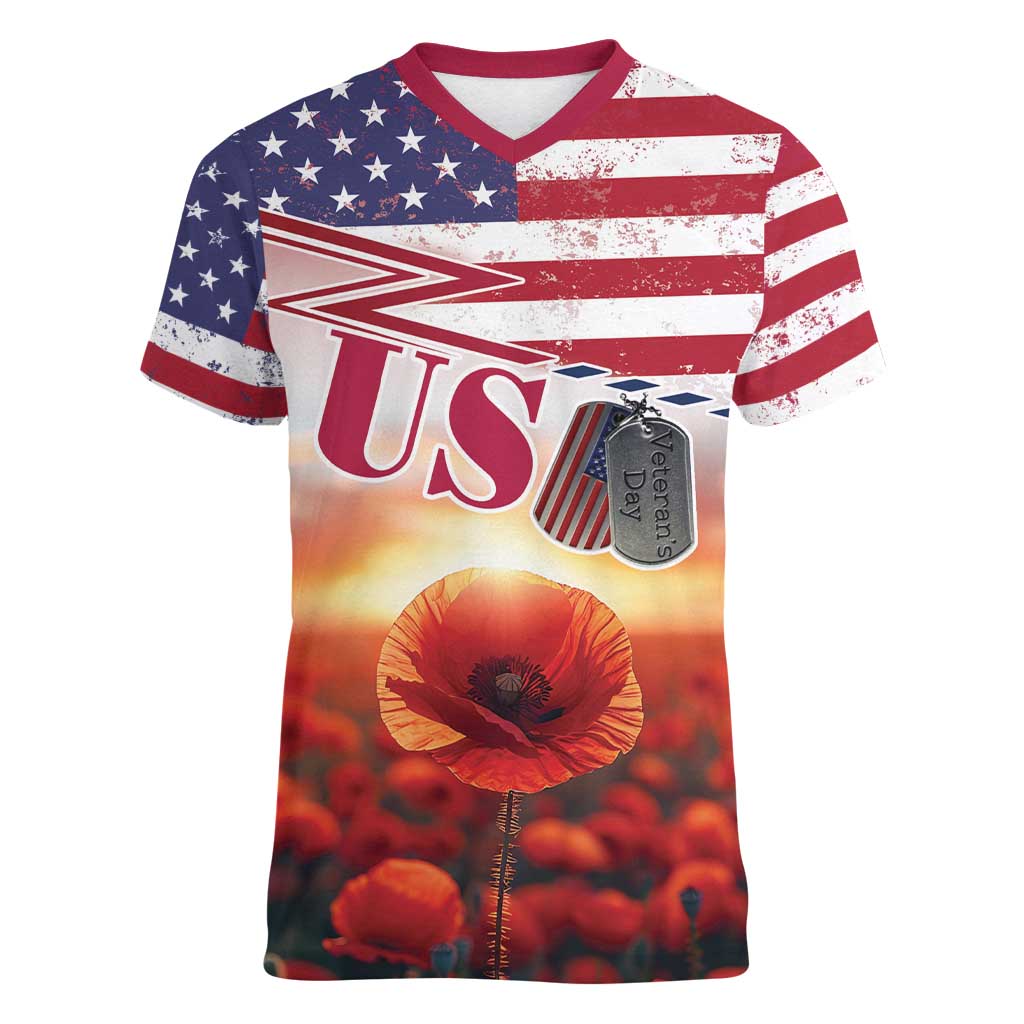 USA Veterans Day Women V-Neck T-Shirt Poppy Flowers With Flag Grunge