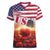 USA Veterans Day Women V-Neck T-Shirt Poppy Flowers With Flag Grunge