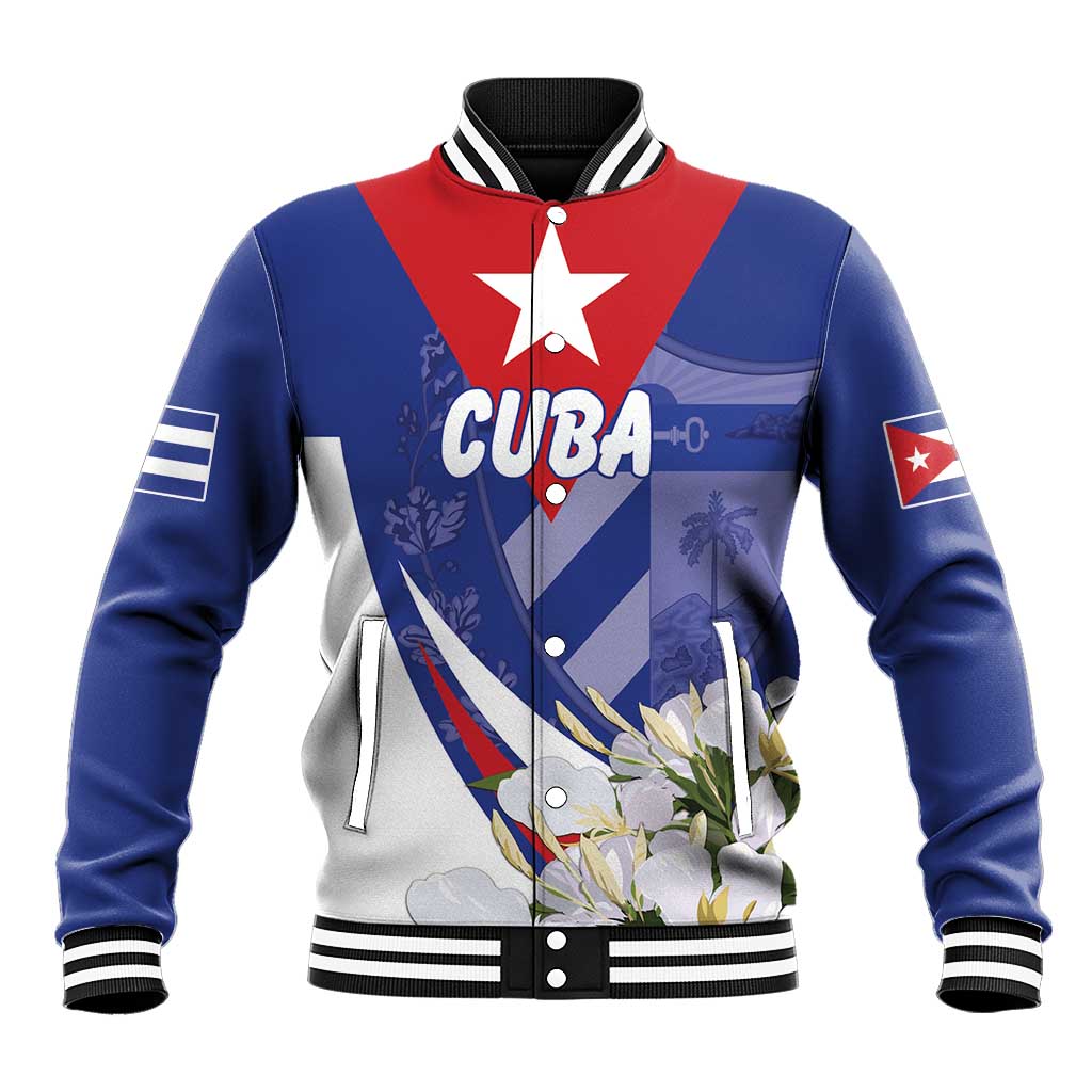 Blue baseball jacket with red yoke, white buttons, Cuba crest and floral graphic