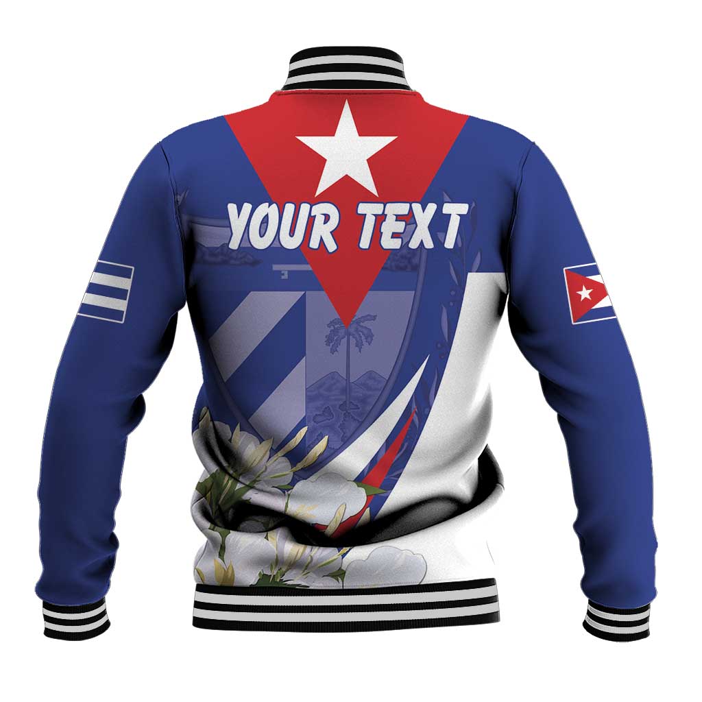 Blue baseball jacket back with red star, 'YOUR TEXT' and floral emblem