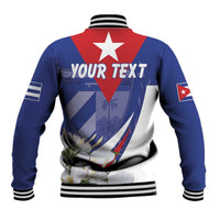Blue baseball jacket back with red star, 'YOUR TEXT' and floral emblem