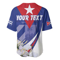 Blue baseball jersey with red-and-blue back, white "YOUR TEXT" text, floral hem