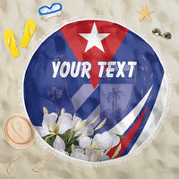 Round blue beach blanket with tassel fringe, 'YOUR TEXT' text, star emblem and flowers