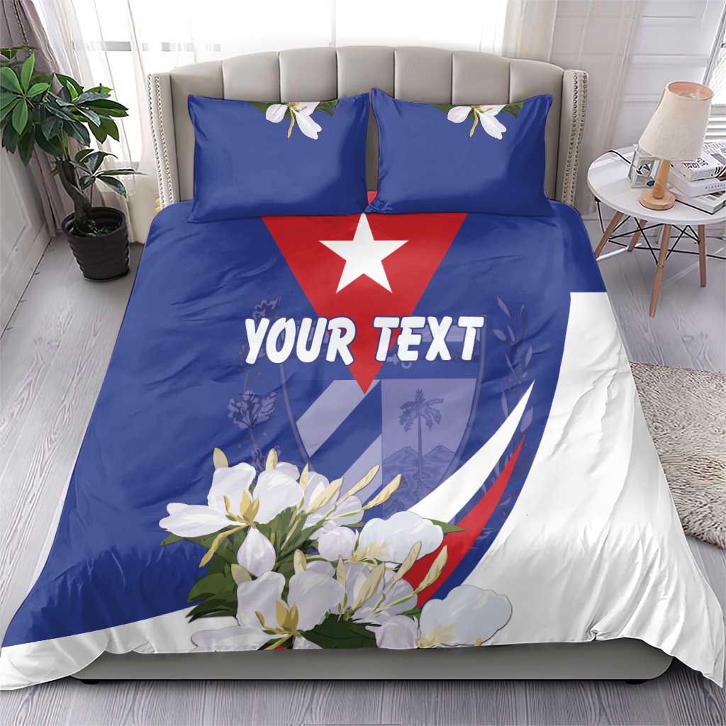 Blue and white duvet cover set with red star, flowers, and 'YOUR TEXT' print