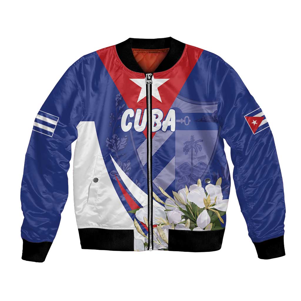 Unisex blue satin bomber jacket with zip, Cuban flag print and coat-of-arms patch