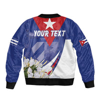 Unisex blue satin bomber jacket with zip, back Cuban flag text and floral graphic
