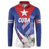 Blue button sweatshirt with red collar, star, and floral Cuba graphic on front