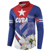 Blue button sweatshirt with red collar, star, Cuba text, floral and flag graphics
