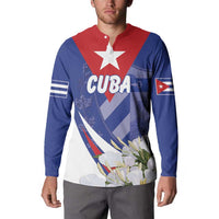 Blue button sweatshirt with red collar, Cuba star, and floral graphic front