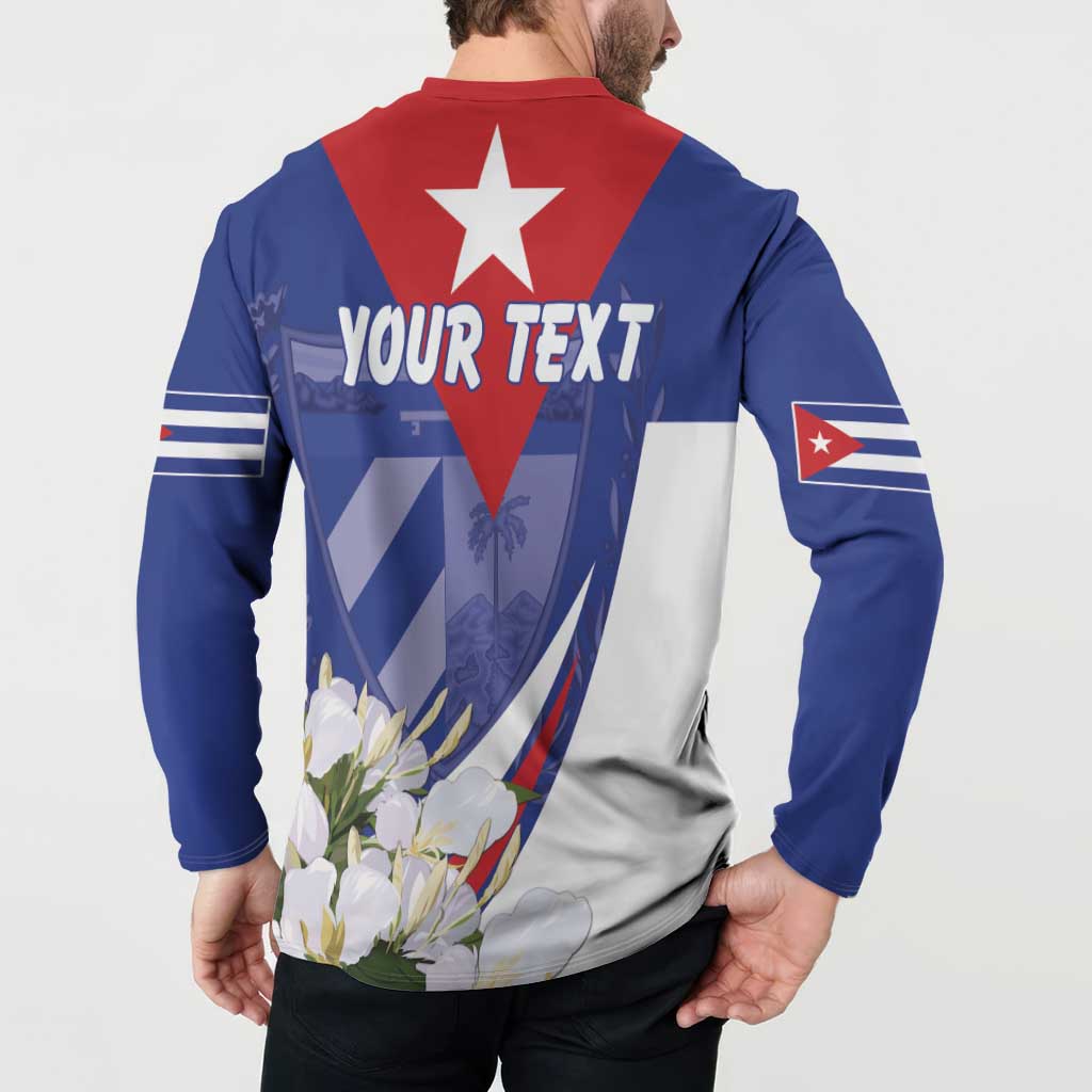 Blue button sweatshirt on model, back star and flag stripes with flowers, YOUR TEXT