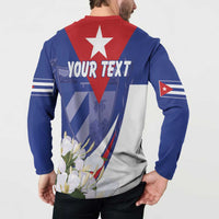 Blue button sweatshirt on model, back star and flag stripes with flowers, YOUR TEXT