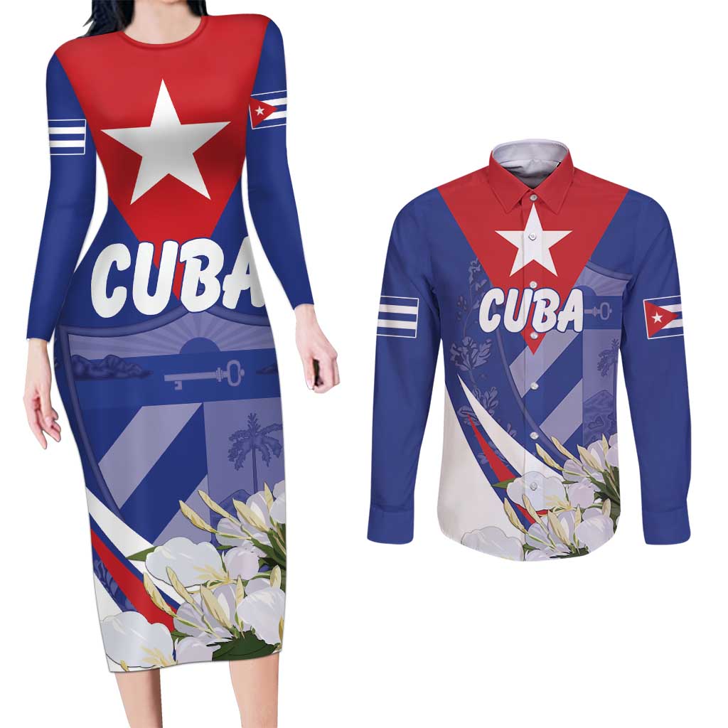 Personalized Cuba Hedychium Coronarium Couples Matching Long Sleeve Bodycon Dress and Long Sleeve Button Shirt With Coat Of Arms - Wonder Print Shop