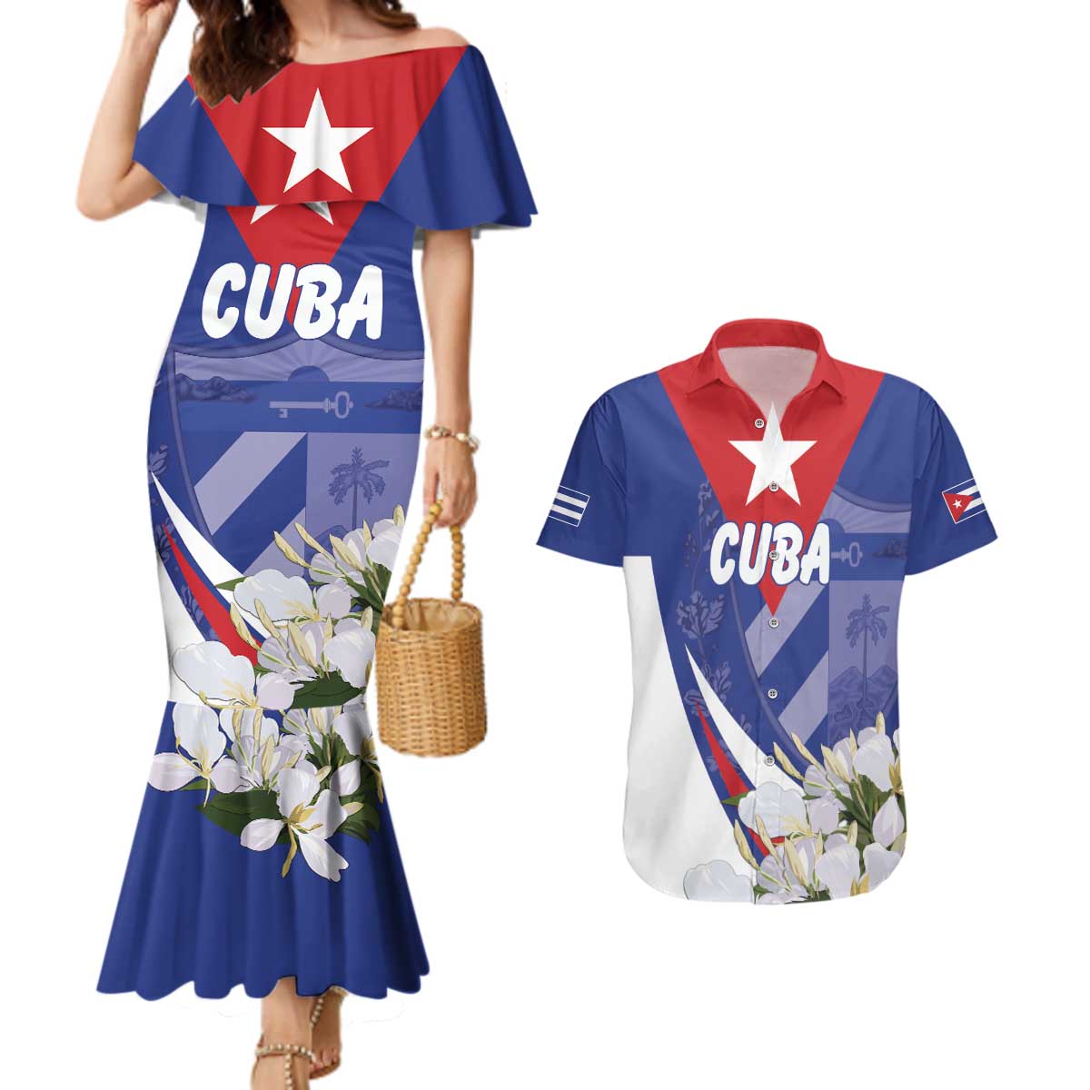 Personalized Cuba Hedychium Coronarium Couples Matching Mermaid Dress and Hawaiian Shirt With Coat Of Arms - Wonder Print Shop