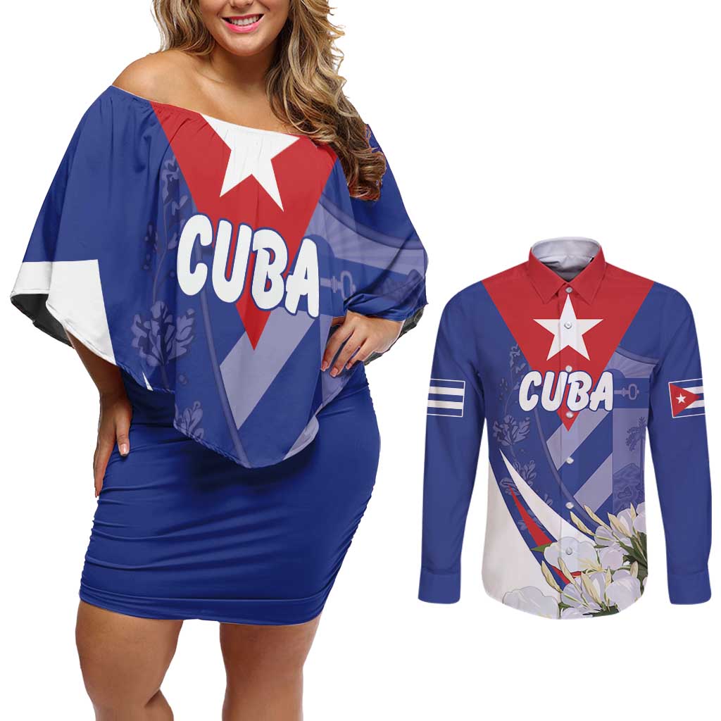 Personalized Cuba Hedychium Coronarium Couples Matching Off Shoulder Short Dress and Long Sleeve Button Shirt With Coat Of Arms - Wonder Print Shop