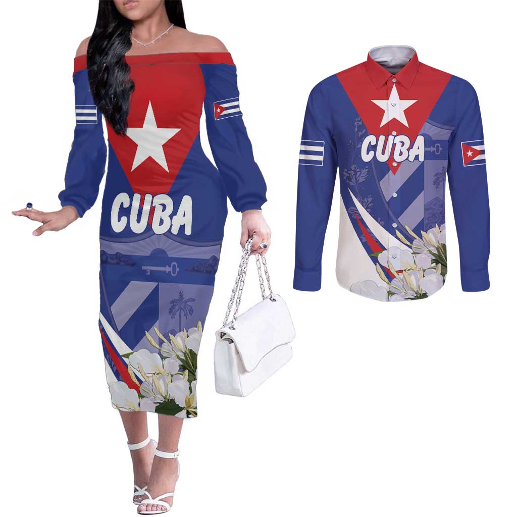 Personalized Cuba Hedychium Coronarium Couples Matching Off The Shoulder Long Sleeve Dress and Long Sleeve Button Shirt With Coat Of Arms