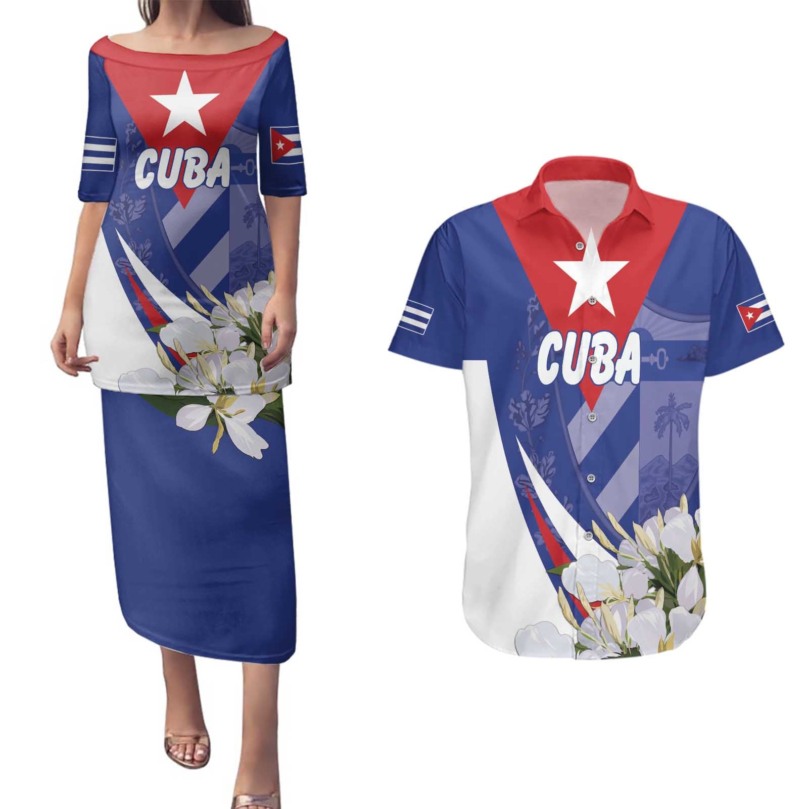 Personalized Cuba Hedychium Coronarium Couples Matching Puletasi and Hawaiian Shirt With Coat Of Arms - Wonder Print Shop