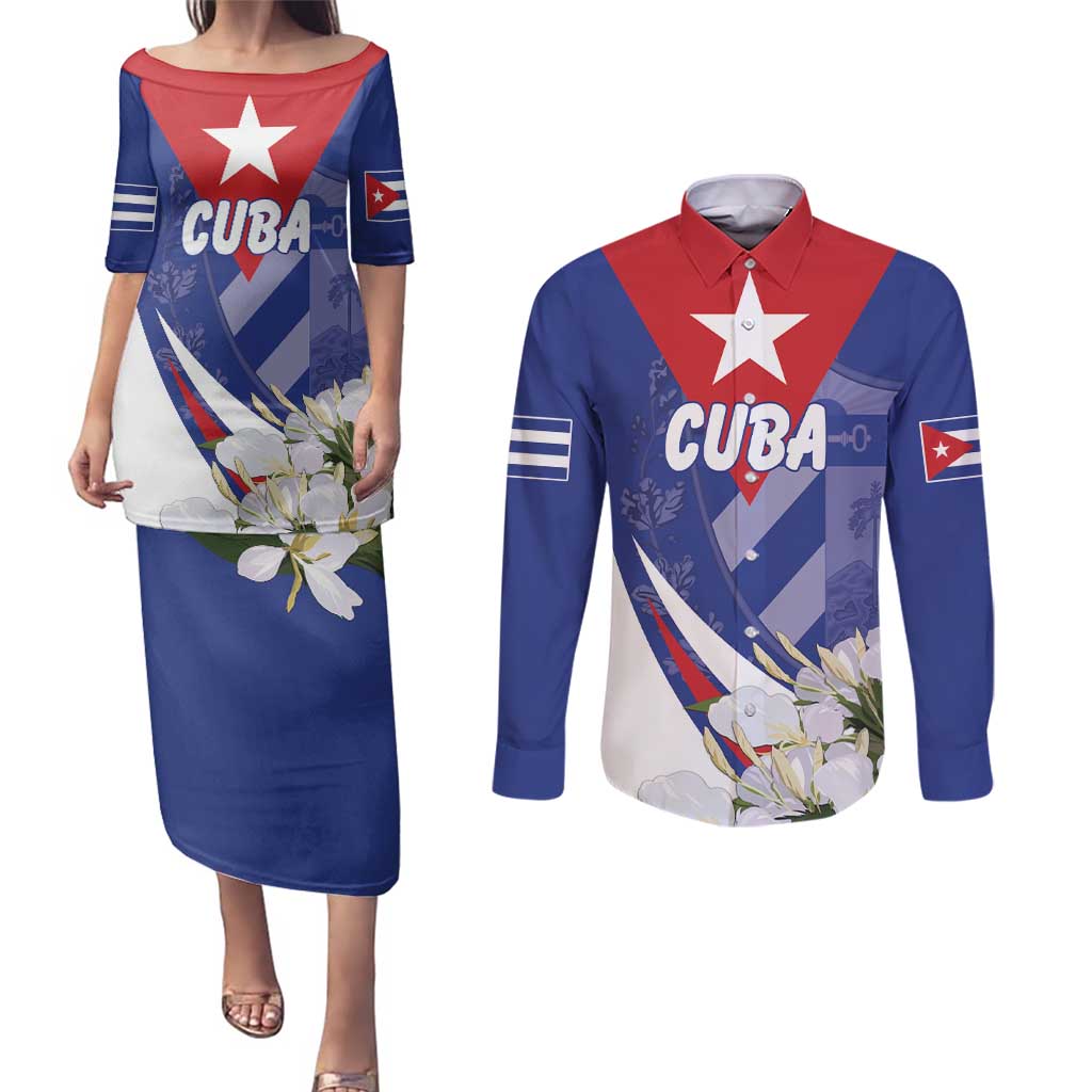 Personalized Cuba Hedychium Coronarium Couples Matching Puletasi and Long Sleeve Button Shirt With Coat Of Arms - Wonder Print Shop