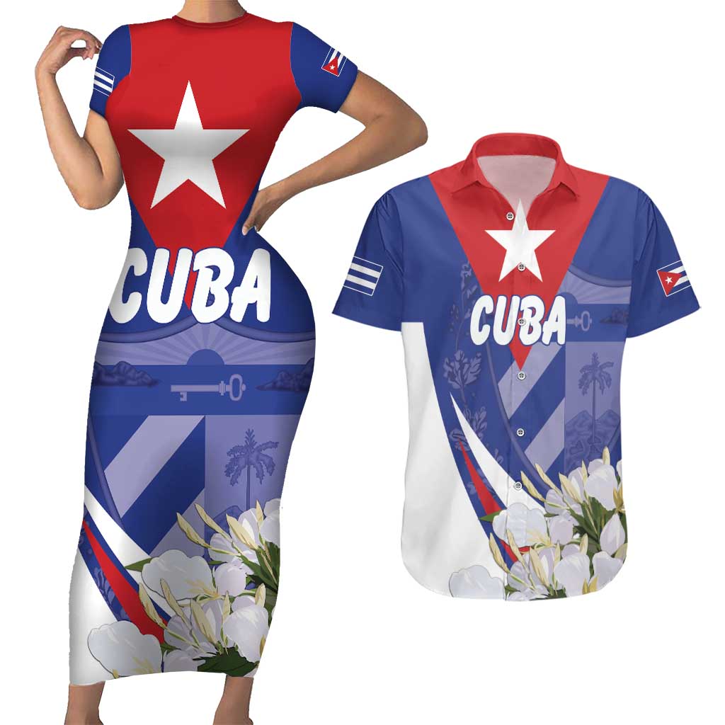 Personalized Cuba Hedychium Coronarium Couples Matching Short Sleeve Bodycon Dress and Hawaiian Shirt With Coat Of Arms - Wonder Print Shop