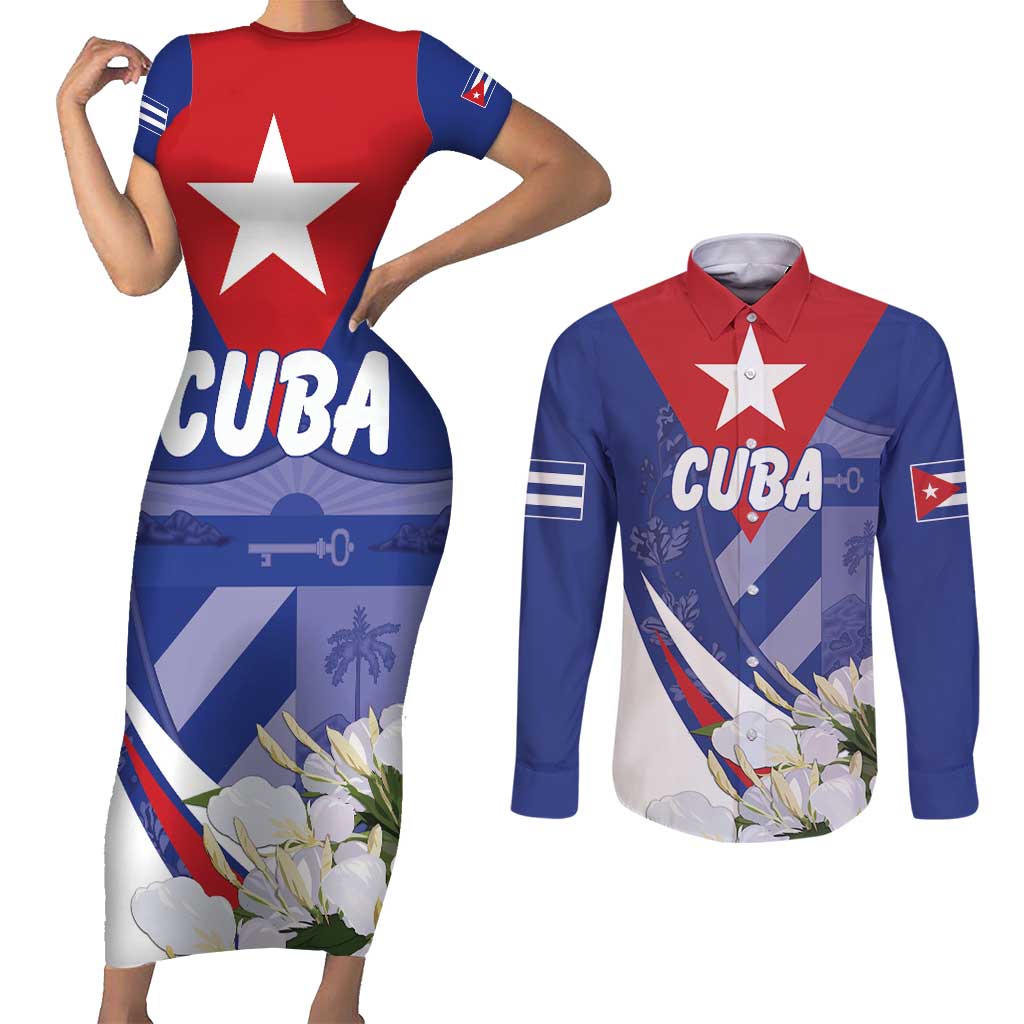 Personalized Cuba Hedychium Coronarium Couples Matching Short Sleeve Bodycon Dress and Long Sleeve Button Shirt With Coat Of Arms - Wonder Print Shop