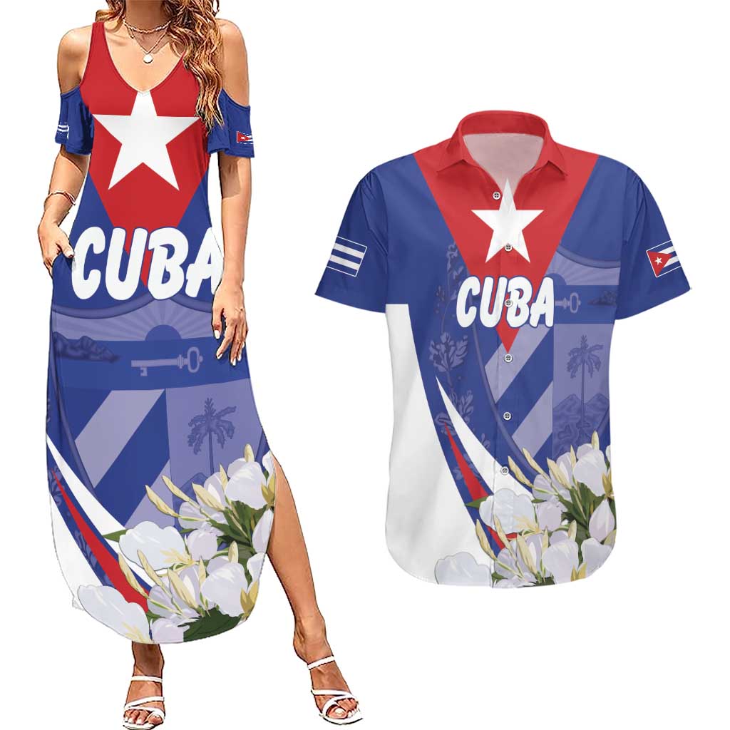 Personalized Cuba Hedychium Coronarium Couples Matching Summer Maxi Dress and Hawaiian Shirt With Coat Of Arms - Wonder Print Shop