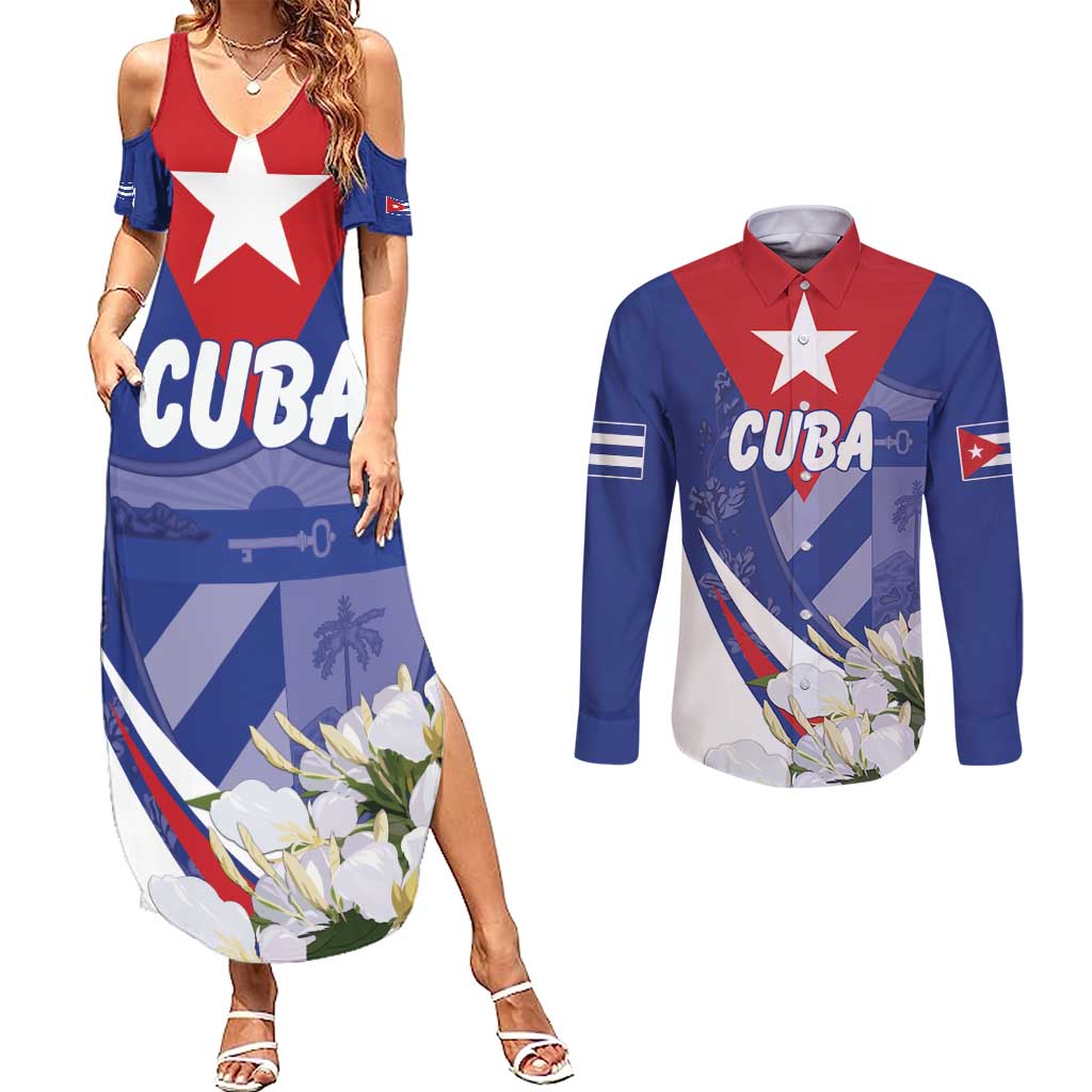 Personalized Cuba Hedychium Coronarium Couples Matching Summer Maxi Dress and Long Sleeve Button Shirt With Coat Of Arms - Wonder Print Shop