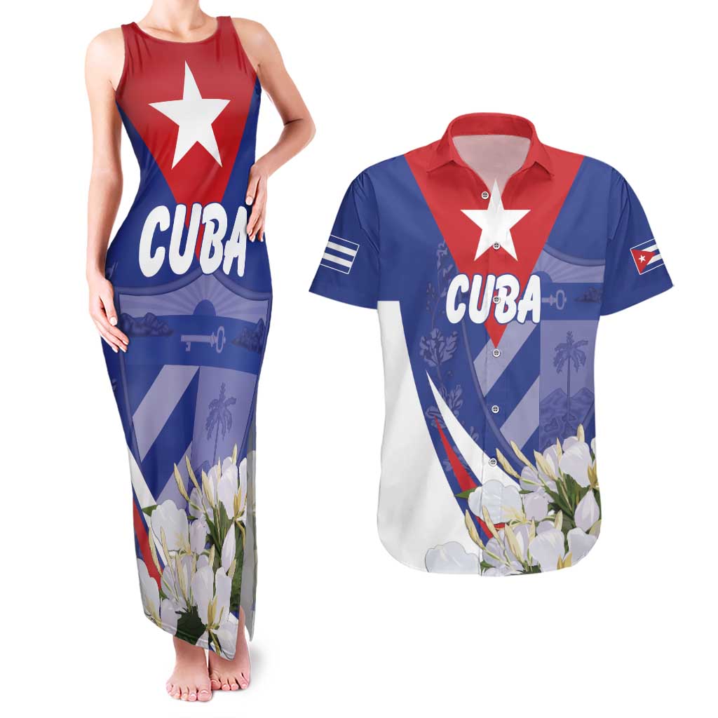 Personalized Cuba Hedychium Coronarium Couples Matching Tank Maxi Dress and Hawaiian Shirt With Coat Of Arms - Wonder Print Shop