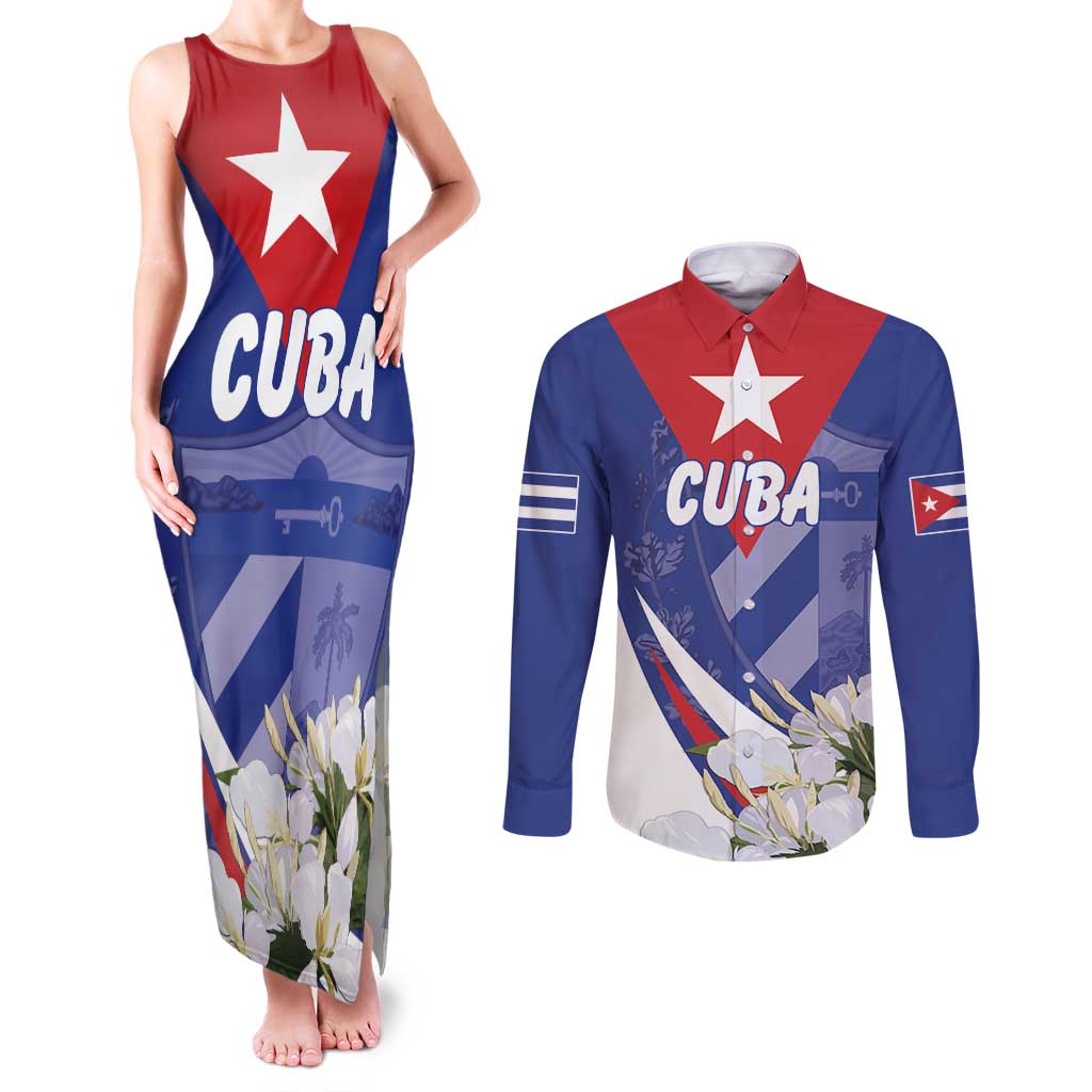 Personalized Cuba Hedychium Coronarium Couples Matching Tank Maxi Dress and Long Sleeve Button Shirt With Coat Of Arms - Wonder Print Shop