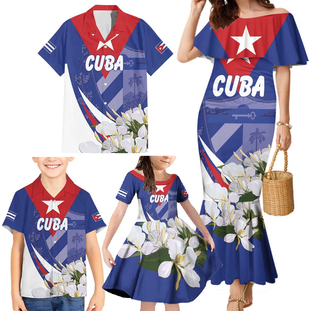 Personalized Cuba Hedychium Coronarium Family Matching Mermaid Dress and Hawaiian Shirt With Coat Of Arms - Wonder Print Shop