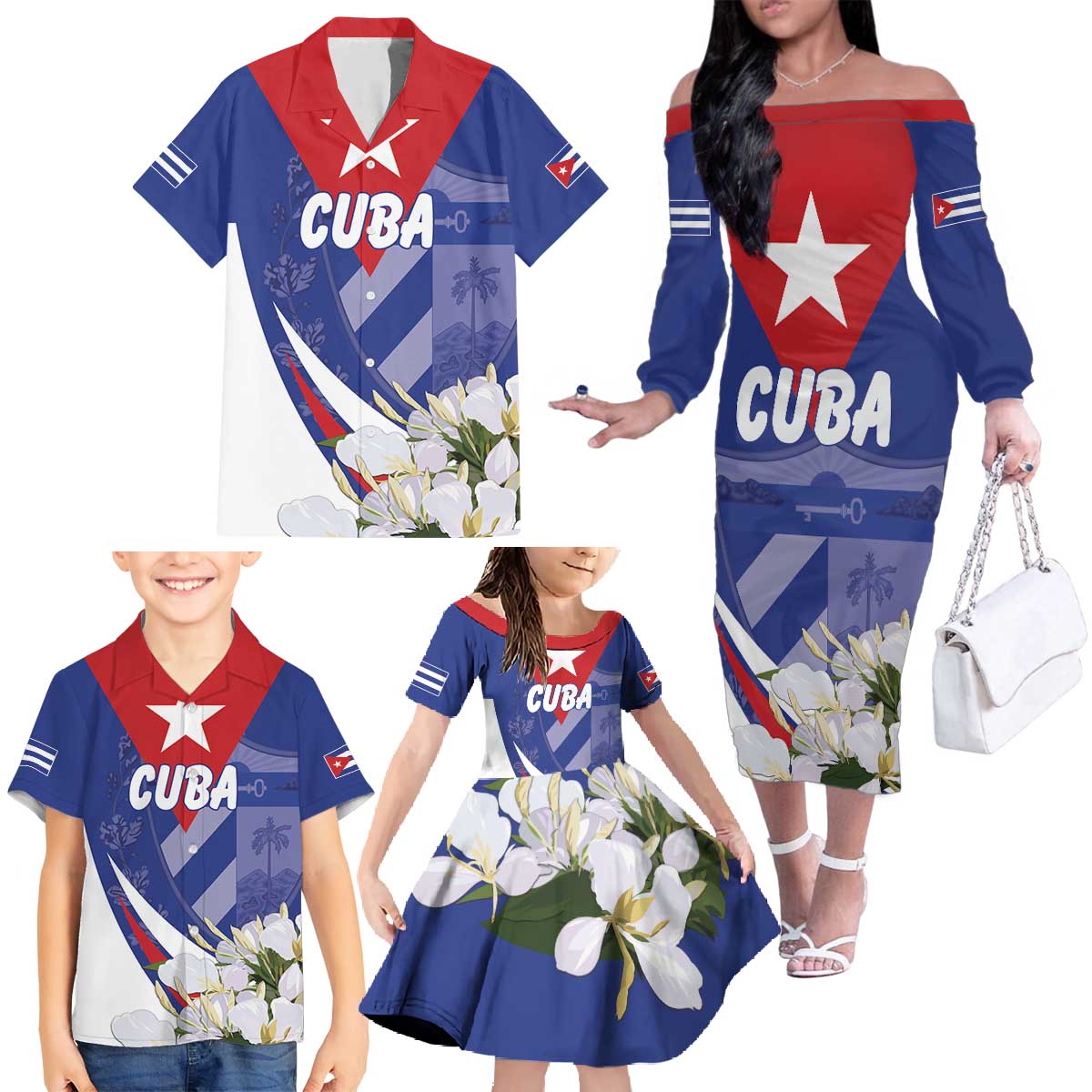 Personalized Cuba Hedychium Coronarium Family Matching Off The Shoulder Long Sleeve Dress and Hawaiian Shirt With Coat Of Arms - Wonder Print Shop