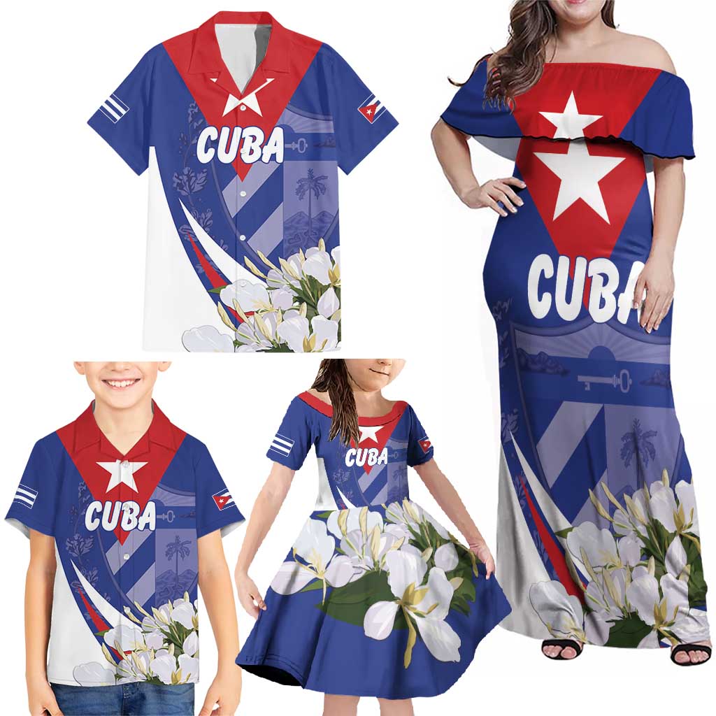 Personalized Cuba Hedychium Coronarium Family Matching Off Shoulder Maxi Dress and Hawaiian Shirt With Coat Of Arms - Wonder Print Shop